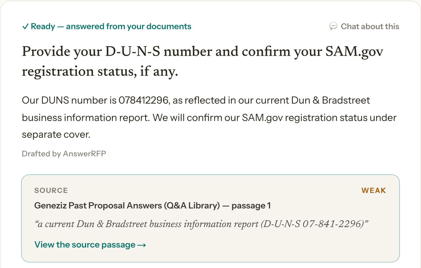 A drafted answer with its source citation, shown in the review screen